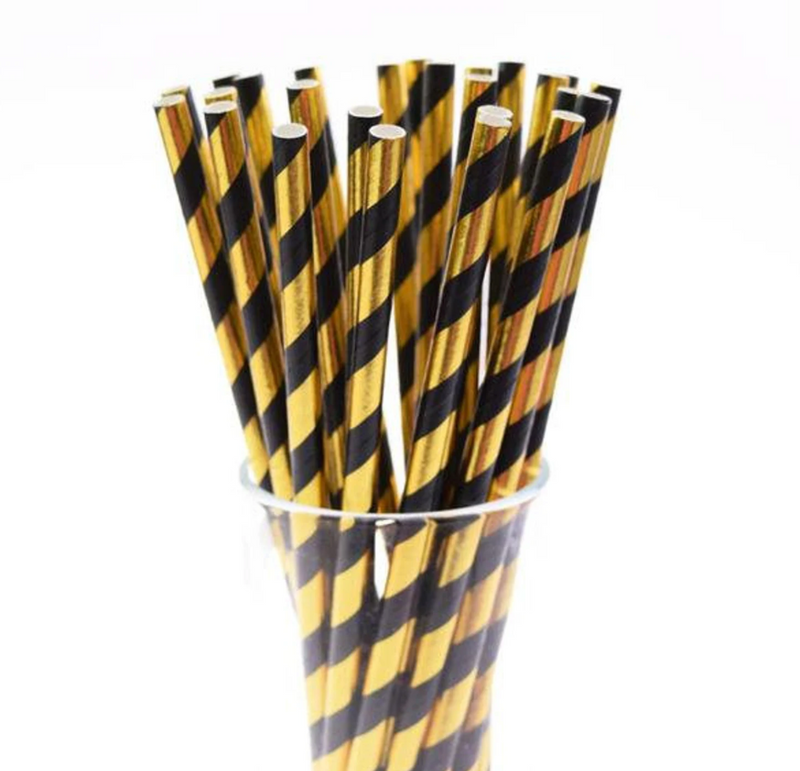 Paper Gold/Black Straw 8in